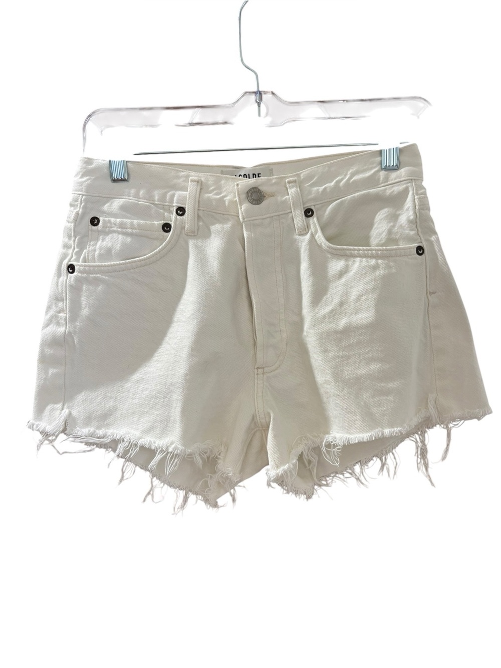 AGOLDE Women's Parker Denim Shorts White High Rise Button Fly Distressed Size 24